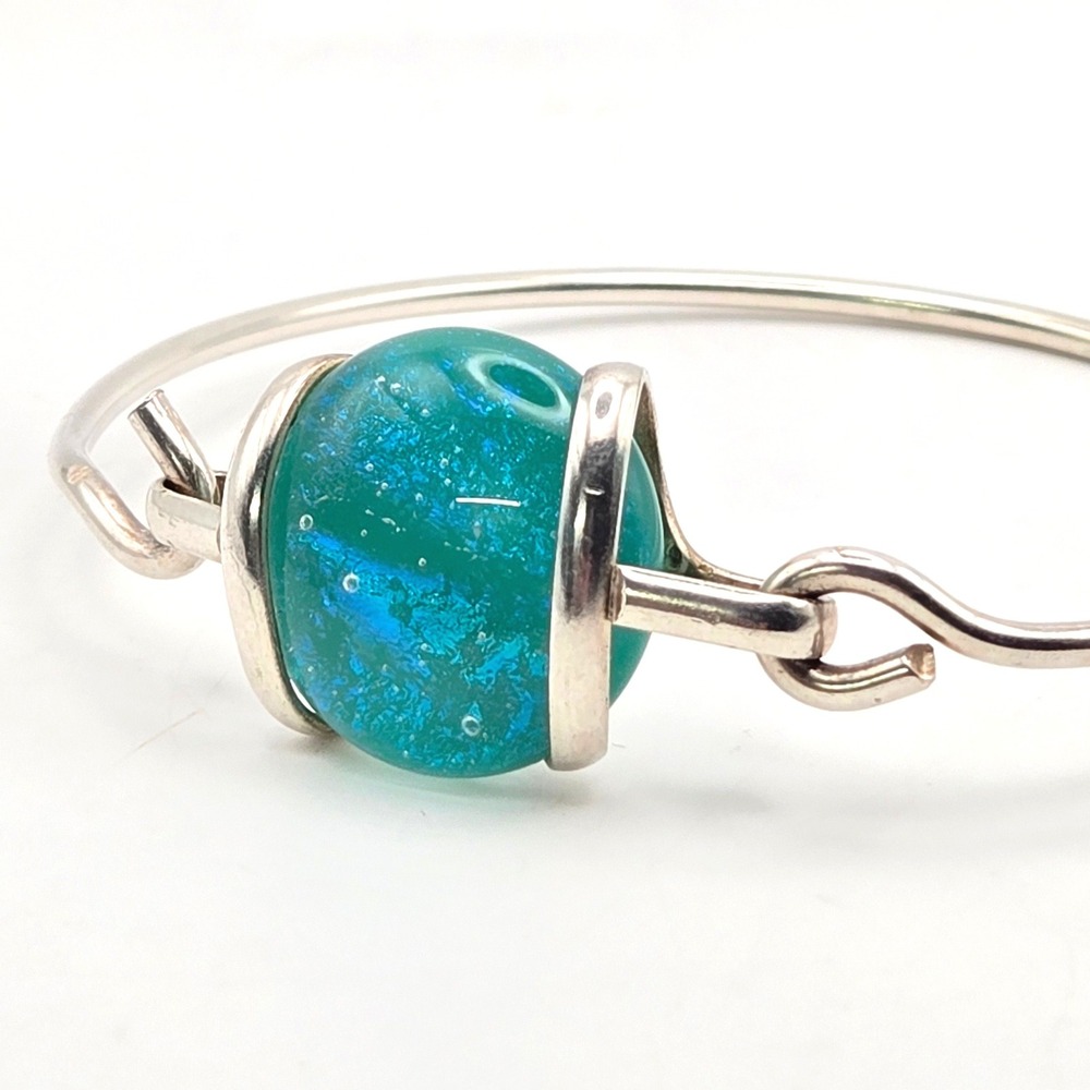 Silver Tone Teal Dichroic Art Glass Bead Bangle Bracelet Hook Closure Handmade